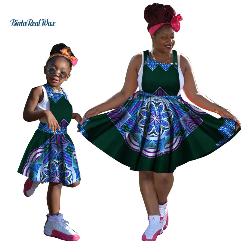 Casual Bazin Riche Mom and Daughter Clothes Strap Dress Dashiki African Print Dresses for Women African Women Clothing WYQ110