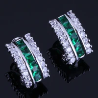 charming square green cubic zirconia white cz silver plated clip hoop huggie earrings v0384