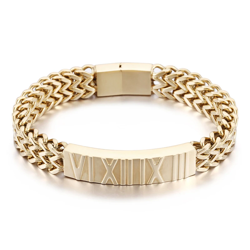 Heyrock Gold-color Stainless Steel Double Layer Link Chain Bracelet with Roman Numerals for Men Boys Punk Jewelry | Украшения и