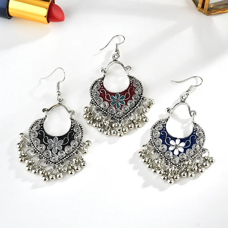 Vintage Heart Beads Tassel Drop Earrings for Women Bohemia Ethnic Antique Silver Color Flower Carved Pendant Earring Jewelry | Украшения и