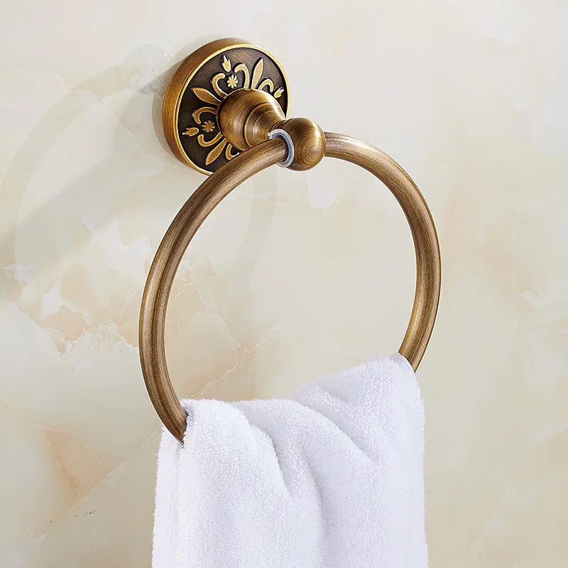 Towel ring Набор аксессуаров для ванной комнаты, вешалка для полотенец, угловая полка, держатель для салфеток, держатель для туалетной щетки, набор аксессуаров для ванной комнаты, античный резной алюминиевый - Цвет: Towel ring