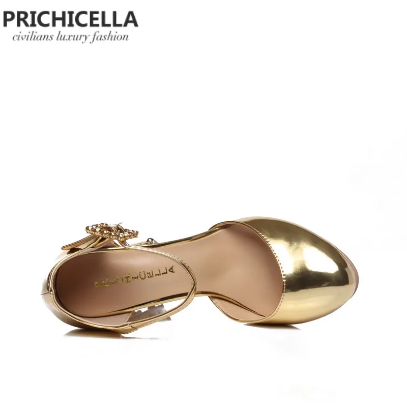 PRICHICELLA/Уникальные женские босоножки из золотистой кожи, украшенные стразами, на массивном каблуке, с ремешком и пряжкой