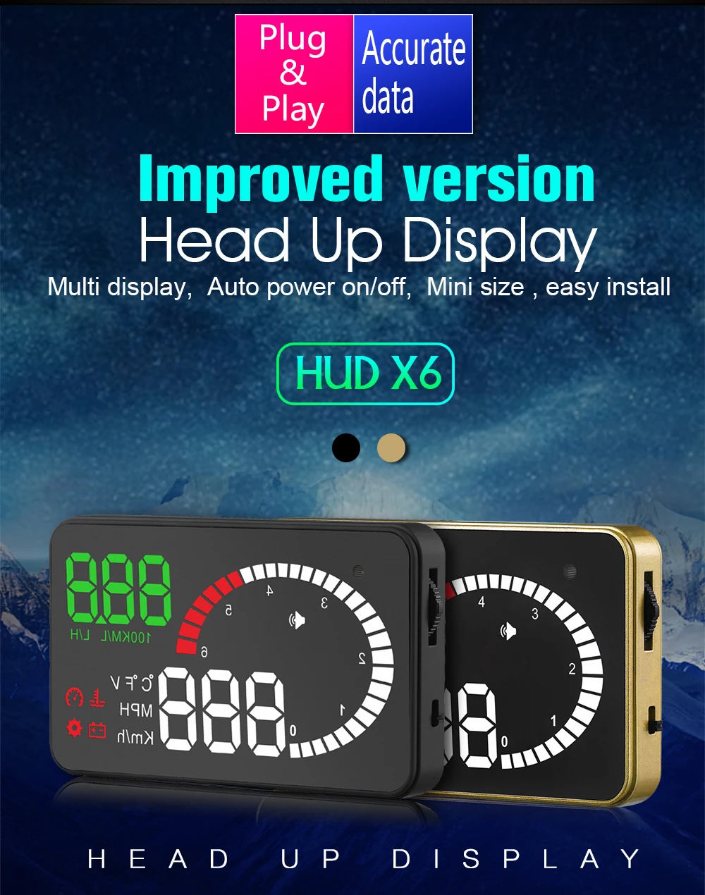Новый автомобильный спидометры X6 3 &quotOBD2 HUD GPS MPH / KMH Предупреждение о превышении
