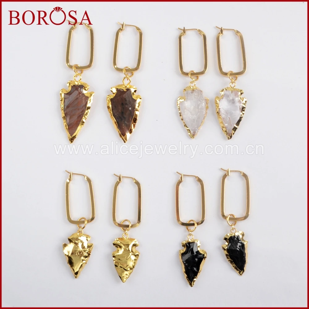 

BOROSA 5Pairs Gold Color Multi Kind Stone Arrowhead Rectangle Dangle Earring Jewelry, Natural Stone Crystal Charm Earrings G1586