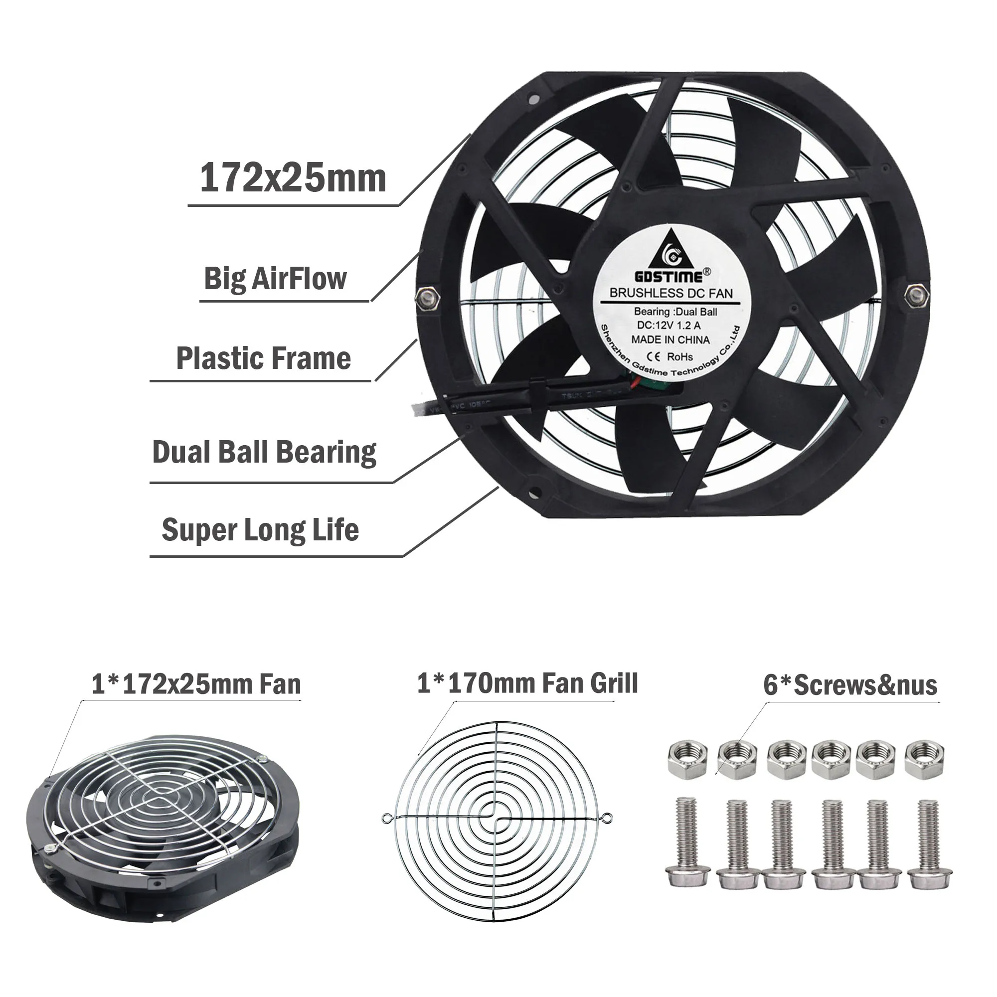 Gdstime 17251 17225 172mm * 51mm Axial Fan DC 12V 24V 48V AC 220V 240V Ball Bearing Industry Cooling Cooler 172*25mm | Компьютеры и
