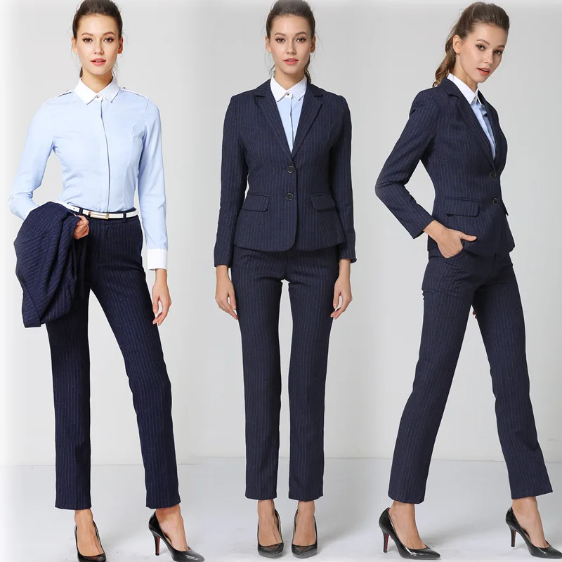 Fmasuth синий в полоску брюки костюм для Для женщин длинный рукав Блейзер Куртка +