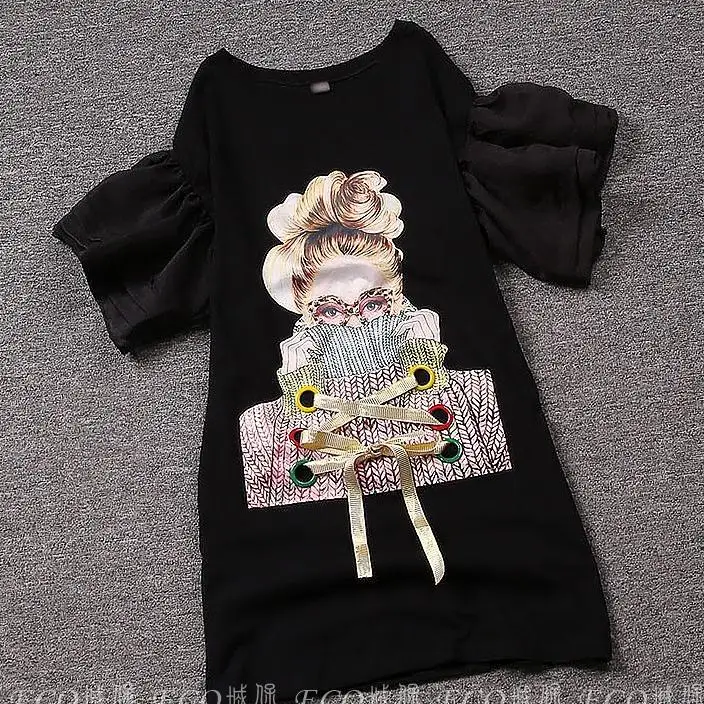 Летняя футболка 2018 новые модные с пышными рукавами Свободные О-образным вырезом