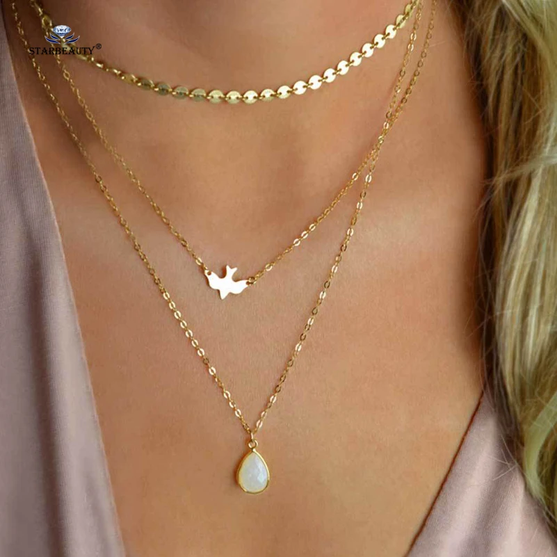 Мигание круглый металлический голубь мира опал Чокеры Ожерелья Многослойные