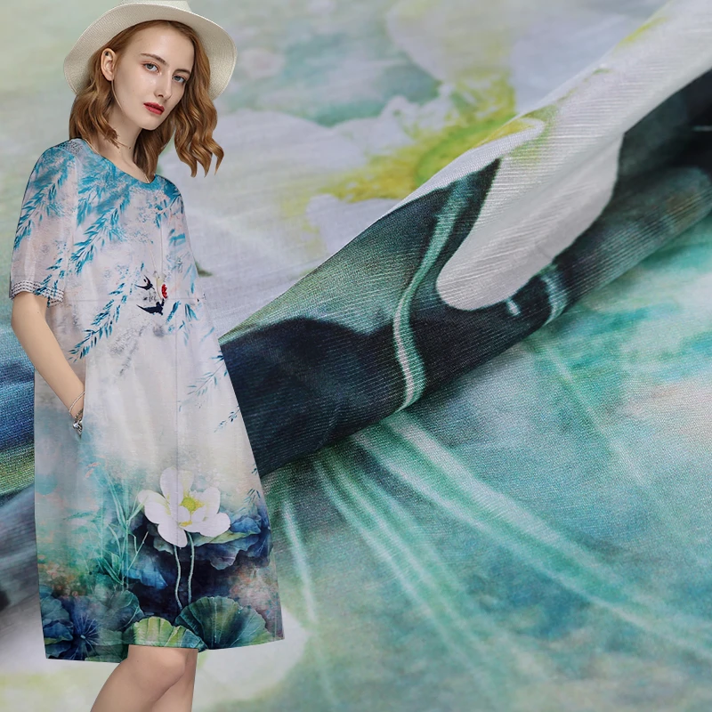 Lotus & Birds цифровая печать 50% шелк и льняная ткань для женщин платье Cheongsam 140 см в