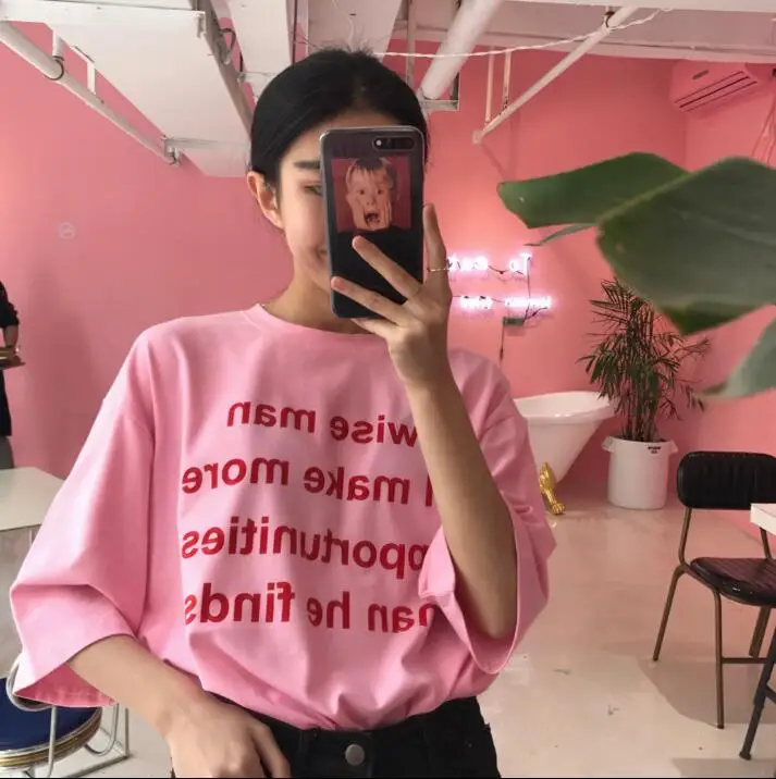 Корейский стиль колледжа новые розовые буквы с коротким рукавом|t shirt female|t shirtt style