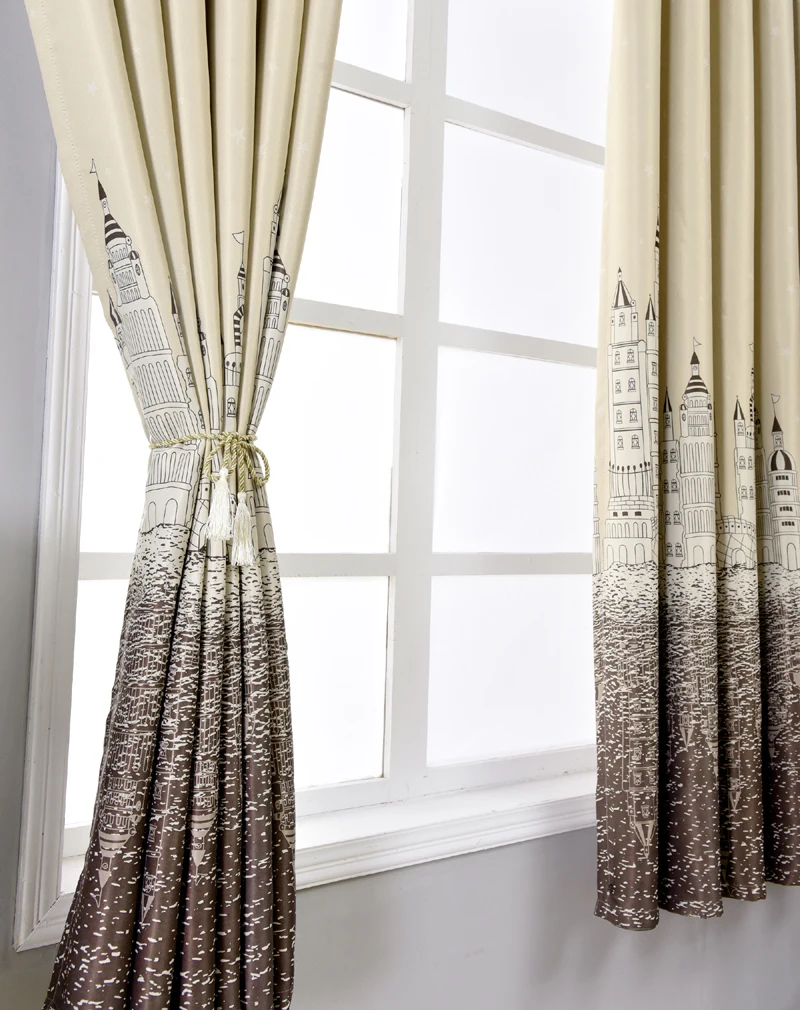 Modern Printed Castle Coffee Color Blackout Curtain For Kids Boys Bedroom Navy Blue Short Curtain Kitchen Window Drapes PC009D3