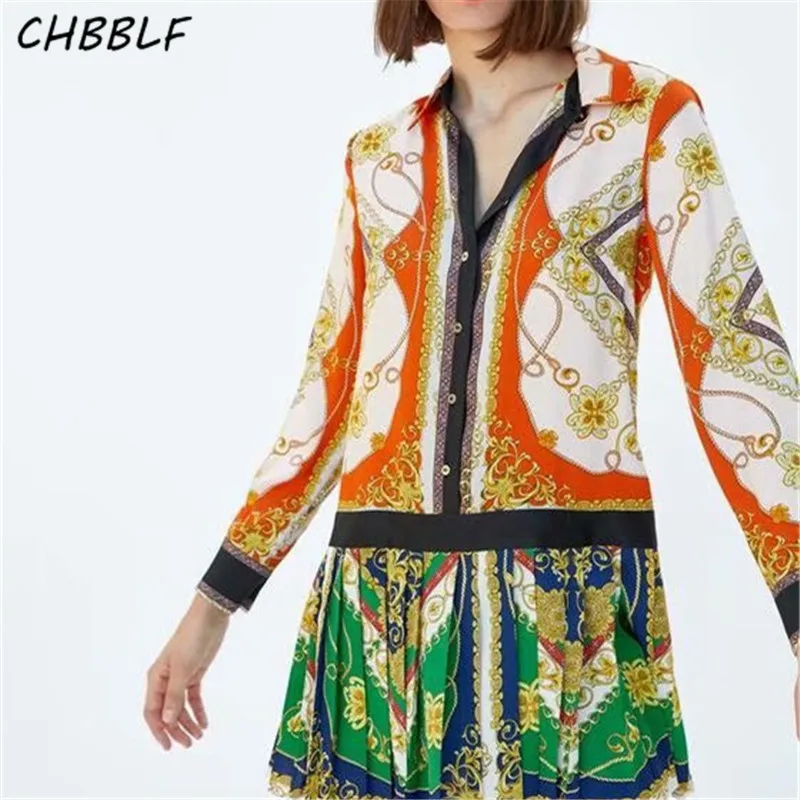 

CHBBLF stylish print patchwork pleated dress long sleeve turn down collar female casual dresses Vestidos DFP8476