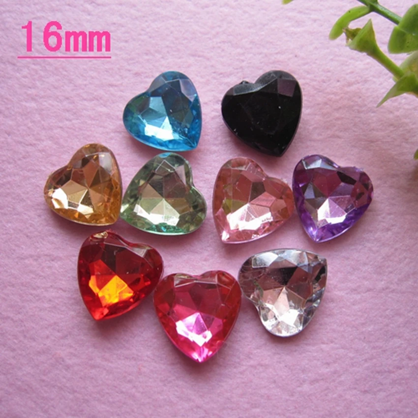 Jewelry Materials For Diy Decoration 16mm 50pcs Mixed Colors Acrylic Without Flat Back Heart Shape Rhinestone Gems