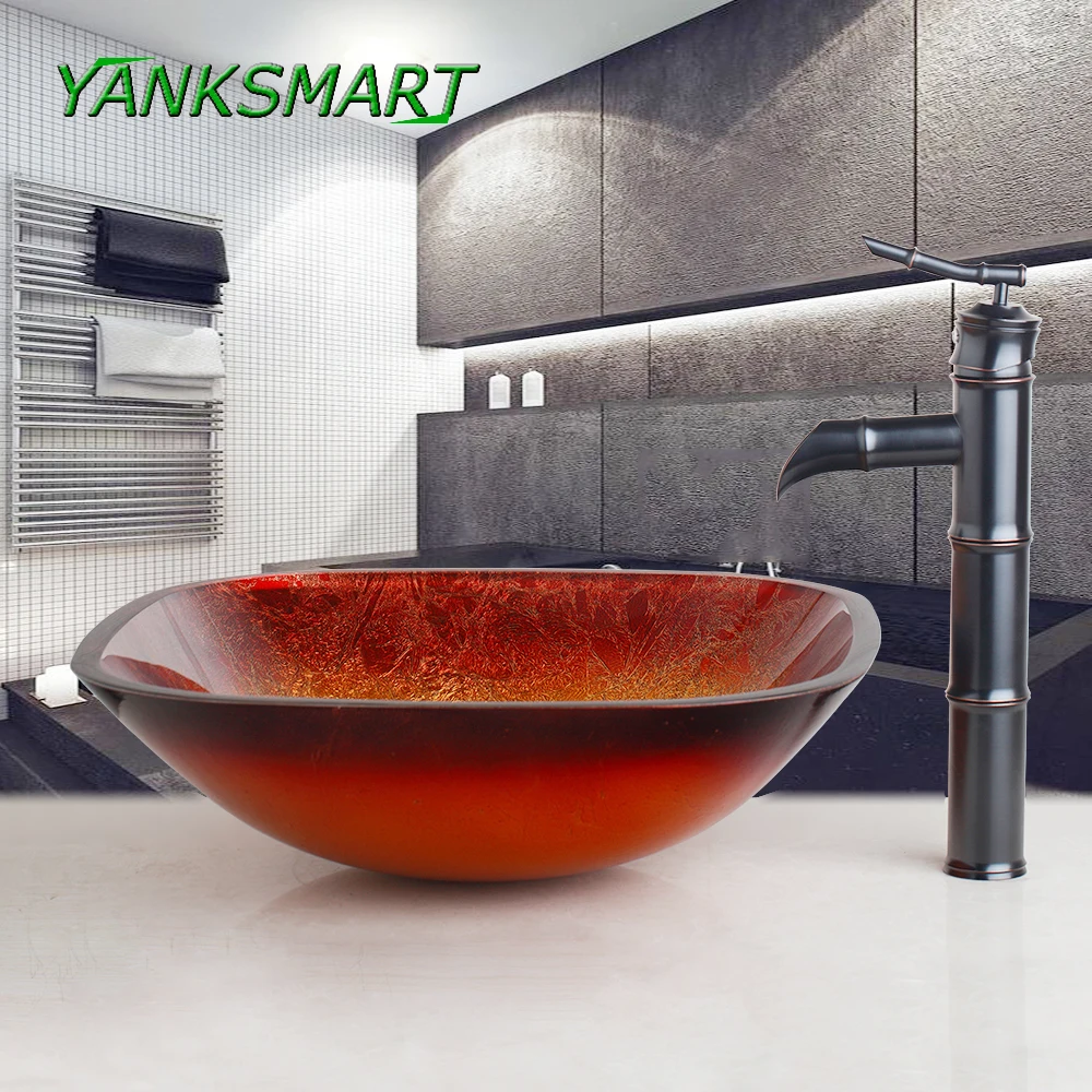 YANKSMART квадратный умывальник из закаленного стекла для ванной комнаты + бронзовый