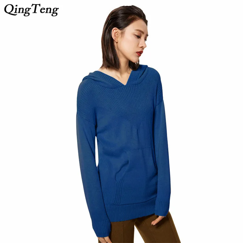Однотонные толстовки женские Hoodies смесь шерсти и кашемира модные с длинным
