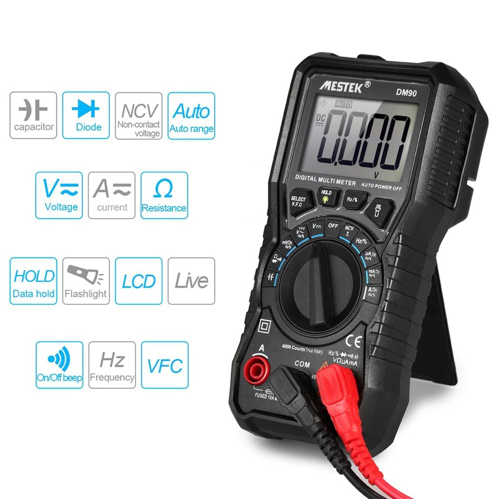 MESTEK DM90 цифровой мультиметр с автоматическим диапазоном 6000 отсчетов True RMS lcd DC/AC Измеритель сопротивления емкости Вольтметр Амперметр