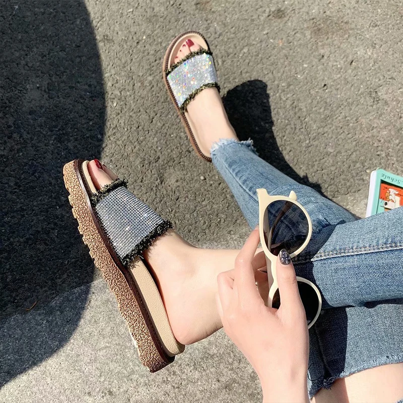 CYOSO/женские резиновые тапочки расшитые блестками тканевые шлепанцы с открытым