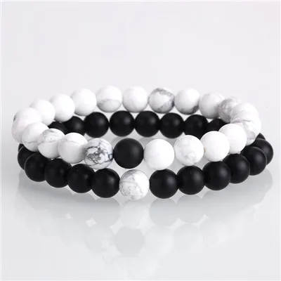White Black Onyx Браслет для пары из натурального камня для йоги, бисерные браслеты для мужчин и женщин, Подарочный Набор браслетов с подвесками, ювелирные изделия на расстояние 2 шт - Окраска металла: White Black Onyx