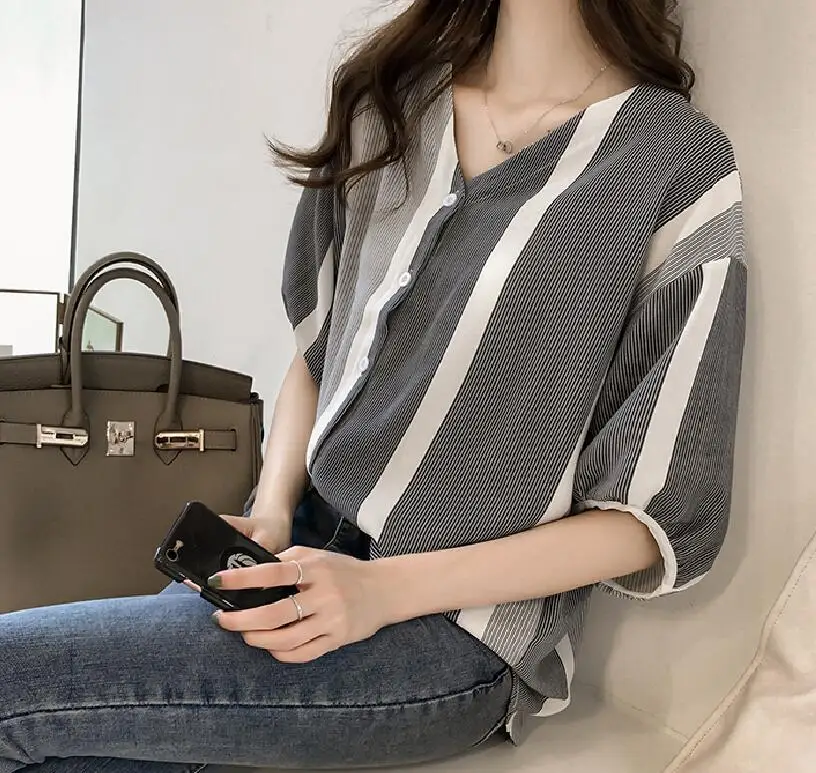 M 4XL Шифоновая блузка 2018 Новинки для женщин летняя рубашка красочные полосатые