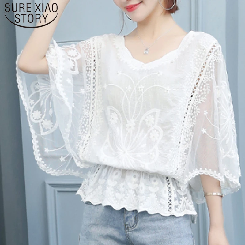 

elegant female office shirt sexy hollow out stitching lace top 2021 new korean fashion women blouse Three Quarter blouse 4478 50