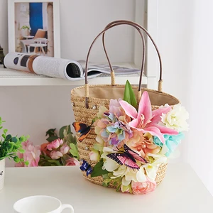 Соломенная Сумка ручной работы с цветами для женщин, летняя соломенная сумка для отдыха, сумки-тоут с бабочками, пляжные сумки, тканая сумка ручной работы, 2021