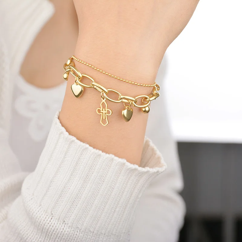 Горячая продажа золотой цвет нержавеющая сталь звено цепи крест браслет