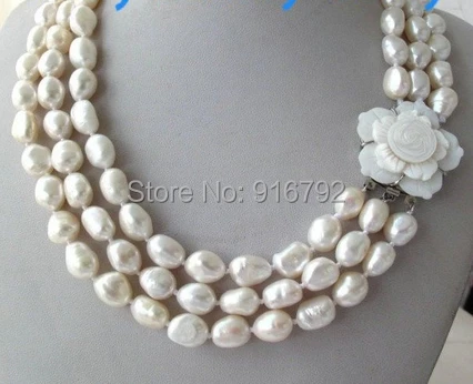 

YH@CS 3 Strands White Baroque Freshwater Pearl Necklace Shell Flower Clasp