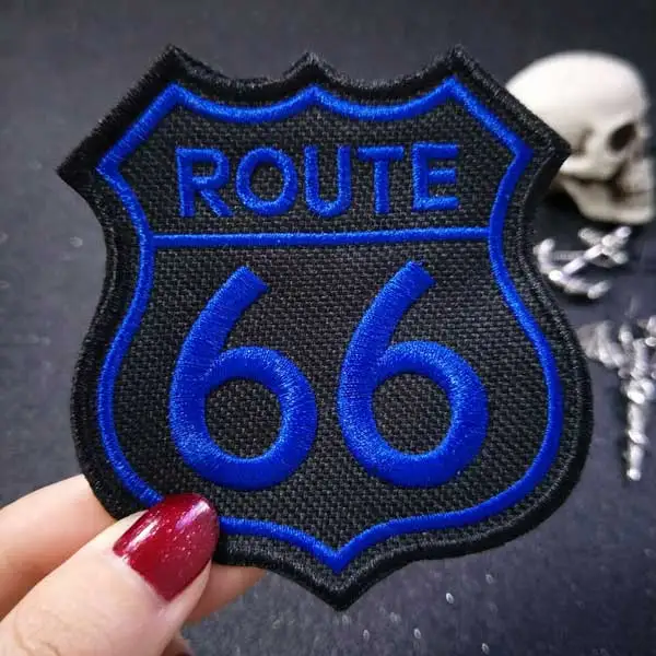 Route 66 утюг на патч вышитая аппликация Швейные Этикетка панк байкер патчи Одежда Наклейки Аксессуары для одежды знак - Цвет: blue on black