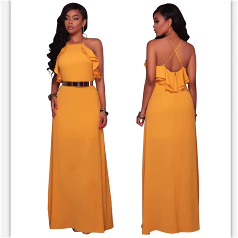 New women dress sexy red yellow color ruffles sleeveless night club hot slash neck fashion for girls | Женская одежда