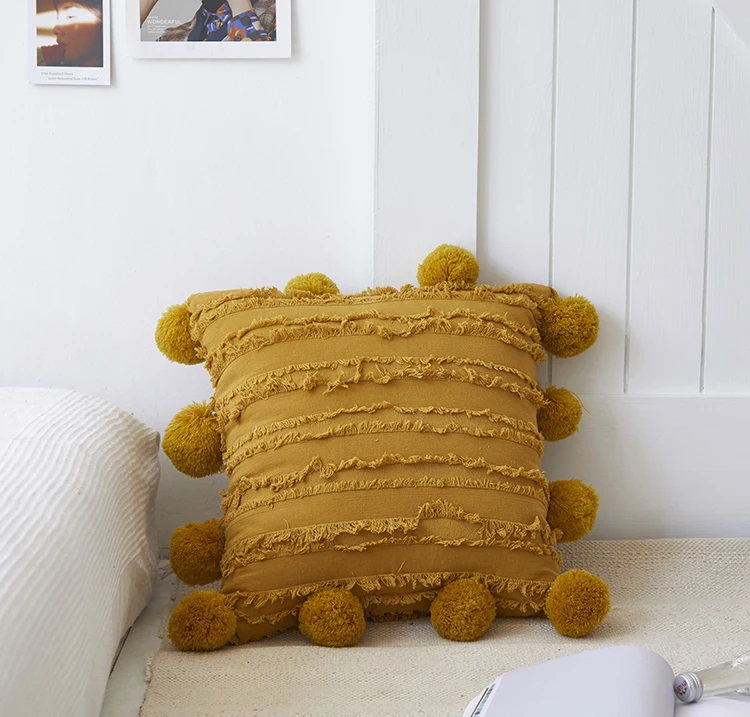 Solid Cushion Cover Floral Tassels Square Pillow case White Yellow Grey Pillow Cover 45x45cm Home Decoration Sofa 18" Pompom