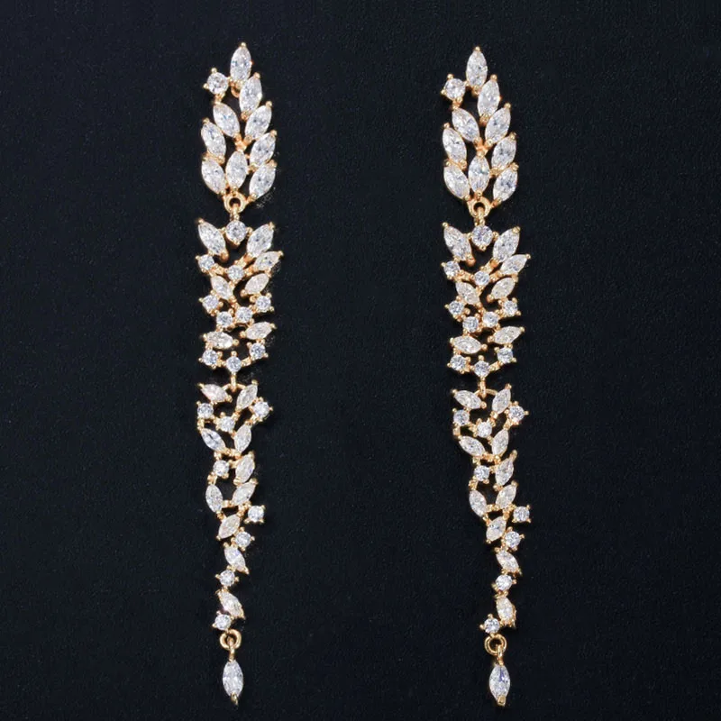 yellow gold Пера элегантное платье с белыми лепестками длинные свисающие серьги для невесты для Для женщин Свадебная вечеринка сверкающие ювелирные изделия с фианитами подарок E403 - Окраска металла: yellow gold