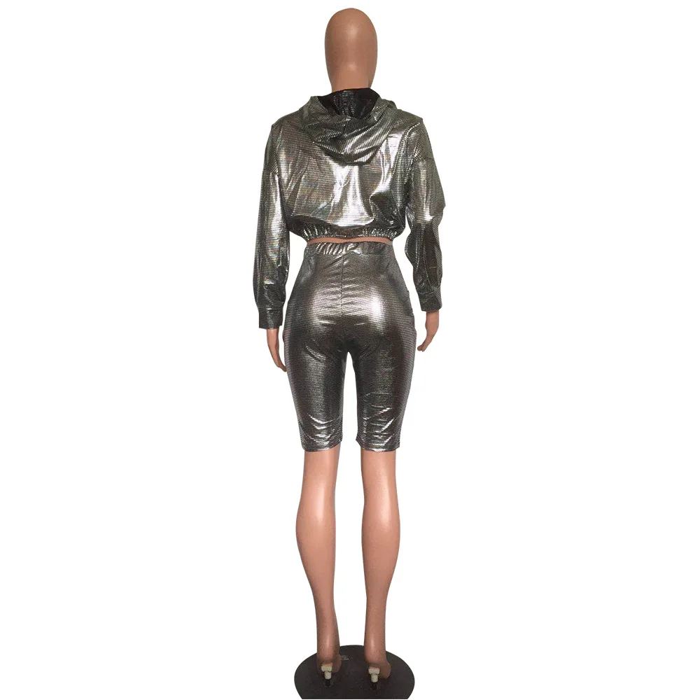 

Women Sequined Sexy Shiny 2 Piece Set Hooded Long Sleeve Crop Top And Sheath Short PantsPlus Size XXL Night Club Party Suit