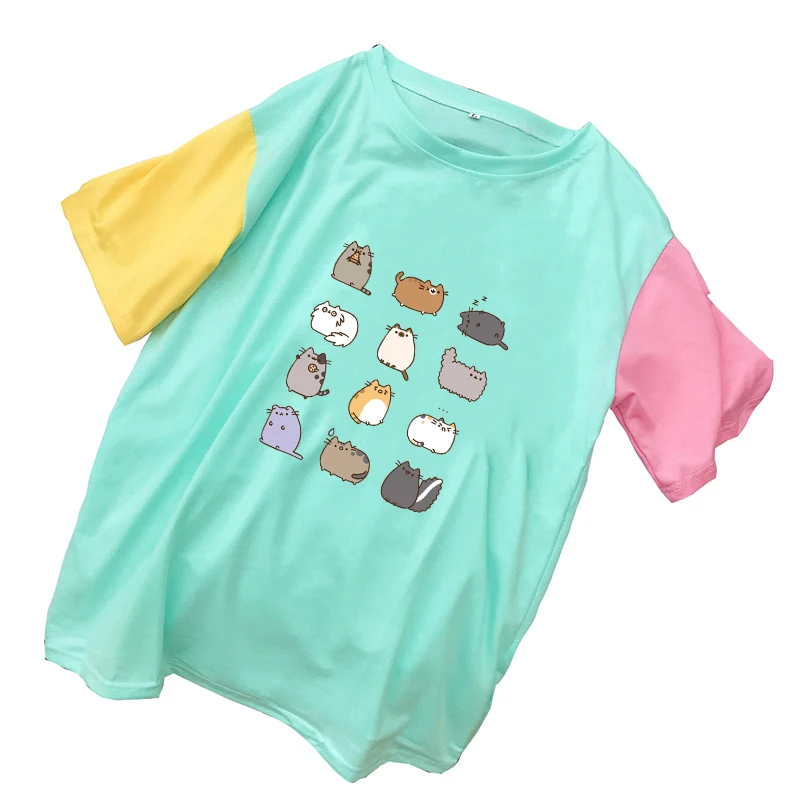 

Summer Loose Women T Shirt Casual Female Colorblock Patchwork Streetwear Harajuku Kawaii Fat Cat Cartoon Print Cotton Tops Tee