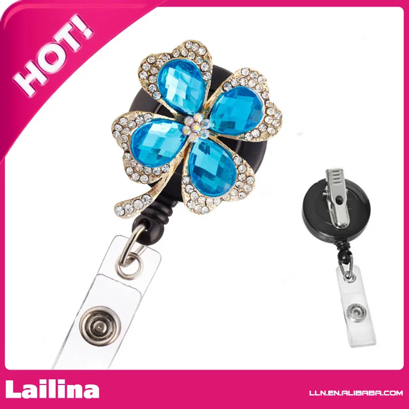 

Graceful Blue Crystal with Clear Rhinestone Clover Retractable Badge Holder ID Card Holder Reel with SWIVEL-BACK Alligator Clip