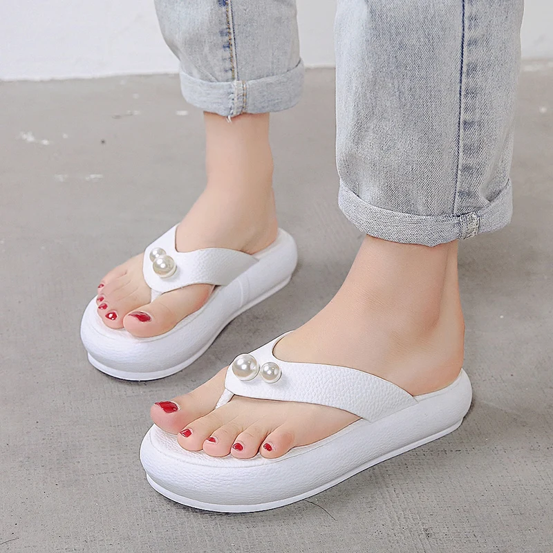 Summer Slippers Women Platform Shoes Pearl Flip Flops PU Ladies Casual Slip-on Beach mules 003w | Обувь