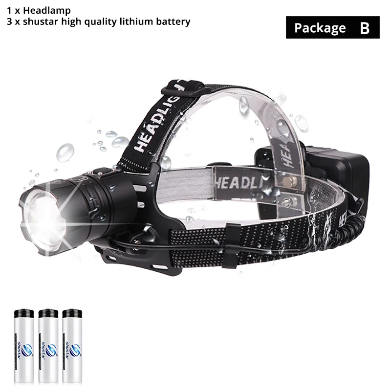 Package B Мощный XHP70 светодиодный водонепроницаемый налобный фонарь с поддержкой зума, 3 режима переключения, питание от 3 батареек 18650 для охоты, рыбалки - Испускаемый цвет: Package B