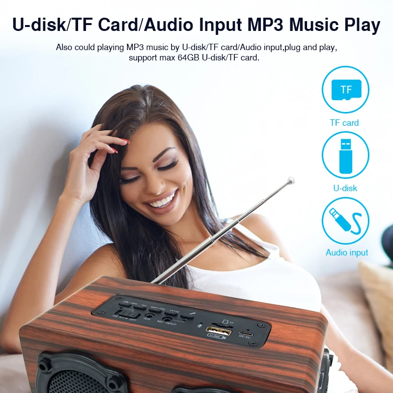 Bluetooth Колонка деревянная с функцией объемного звучания FM радио|Портативные