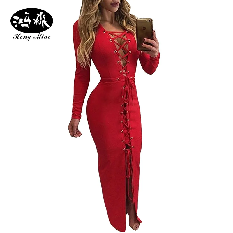 Hongmiao Новинка 2017 года модные женские туфли повязки длинное платье Красный Bodycon