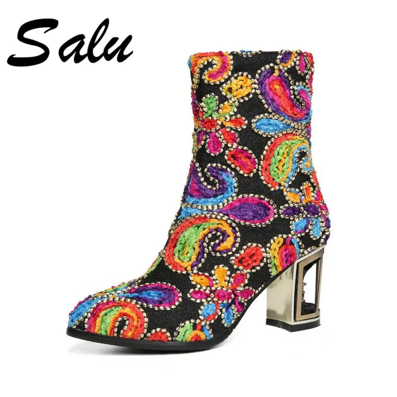

Salu 2020 new women round toe zip genuine leather boots thick high heels ankle boots fashion autumn winter boots big size 9 12