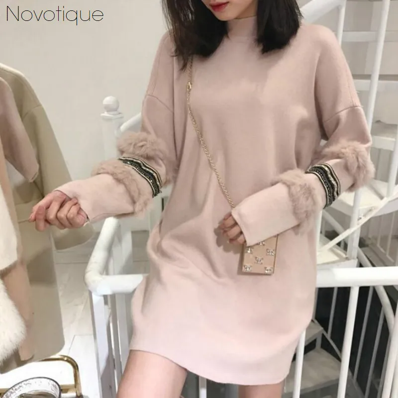 2018 Демисезонный водолазка шерсть балахон колющими кролики мех пуловер Винтаж