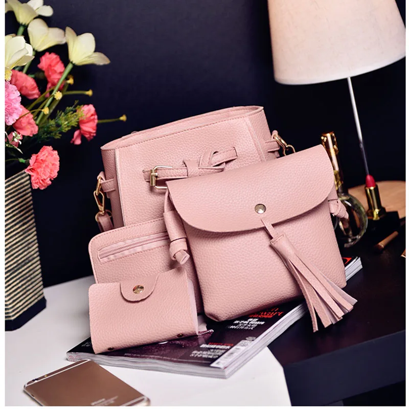 

4Pcs/Set Women Messenger Handbag Card Bag Leather Solid Color Tassels Travel Ladies Crossbody Shoulder Bags