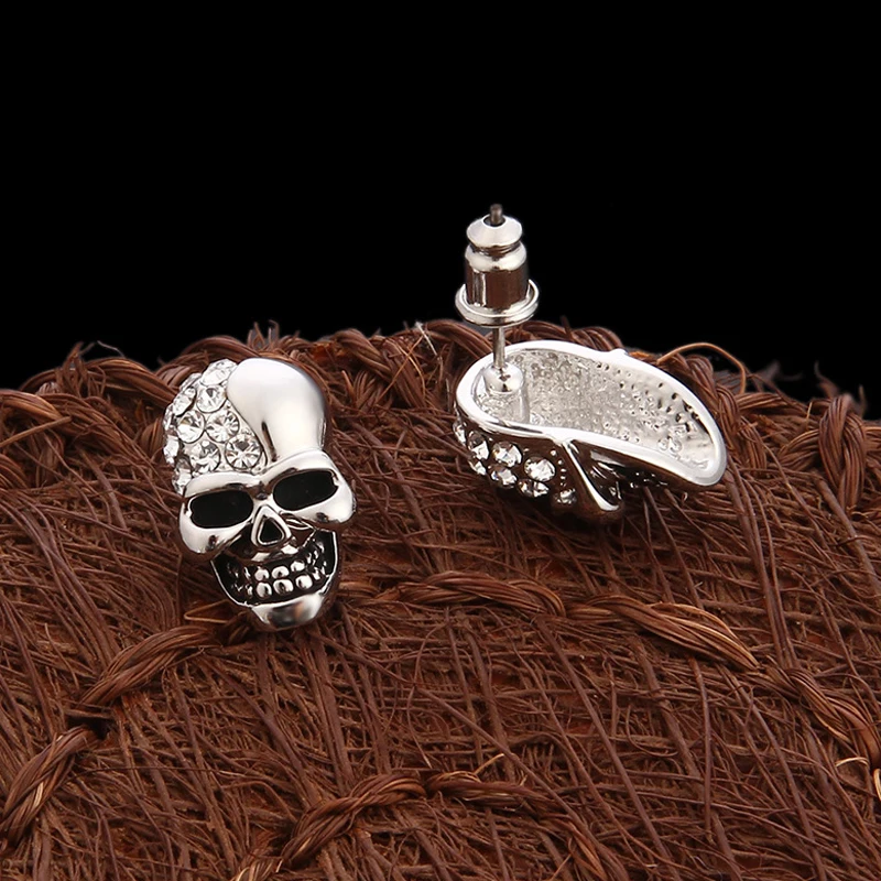 Серебряные серьги-гвоздики из нержавеющей стали с черепом кубического циркония