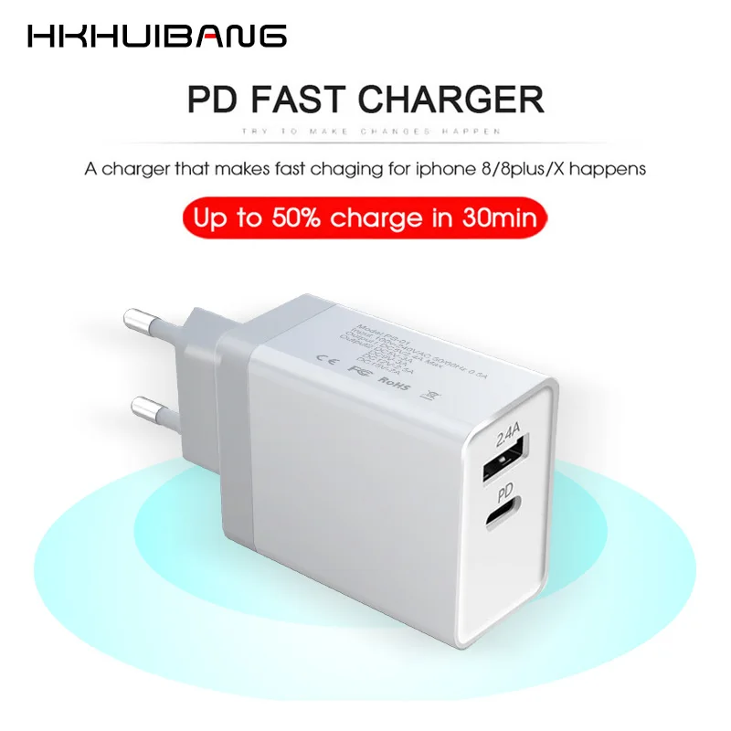 Быстрое зарядное устройство HKHUIBANG usb type c pd адаптер настенное eu uk us для iPhone XS /Max 8 Plus