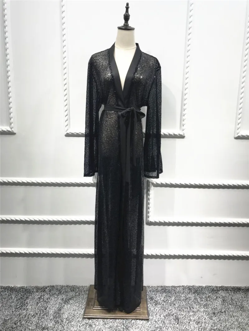 Черное кимоно abaya в Дубае, с блестками, турецкое пальто, женское мусульманское пальто, длинный кардиган с повязками, болеро, мусульманская одежда - Цвет: Abaya