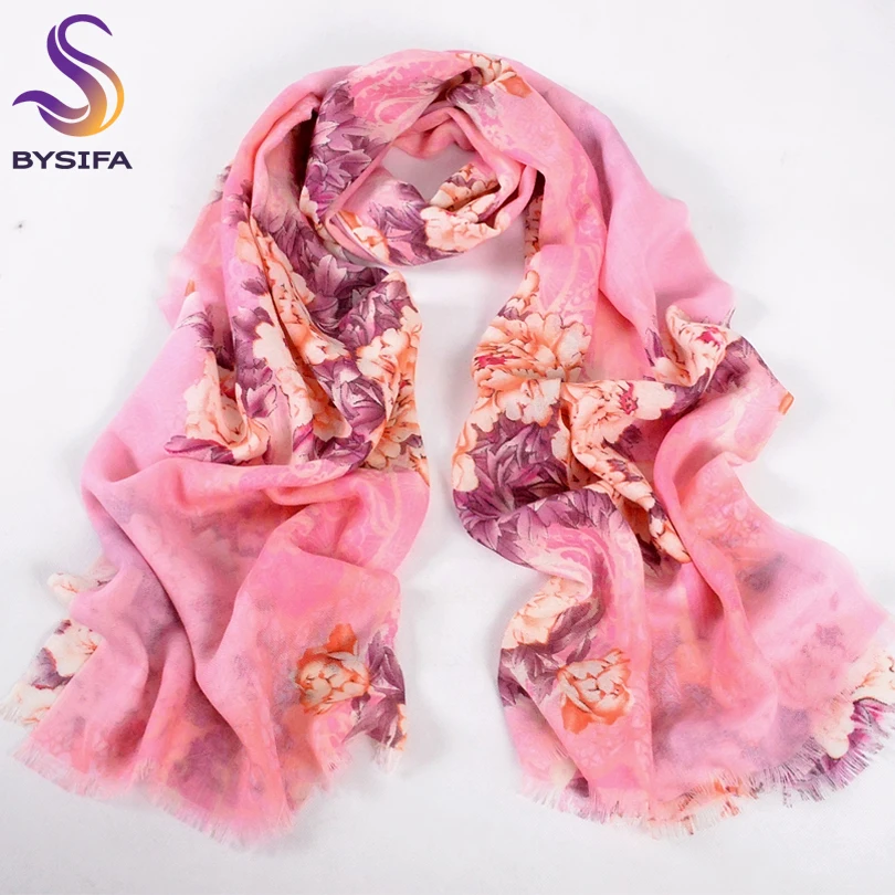 Китайский пион [BYSIFA] синие и розовые шерстяные шарфы Пашмина женские модные