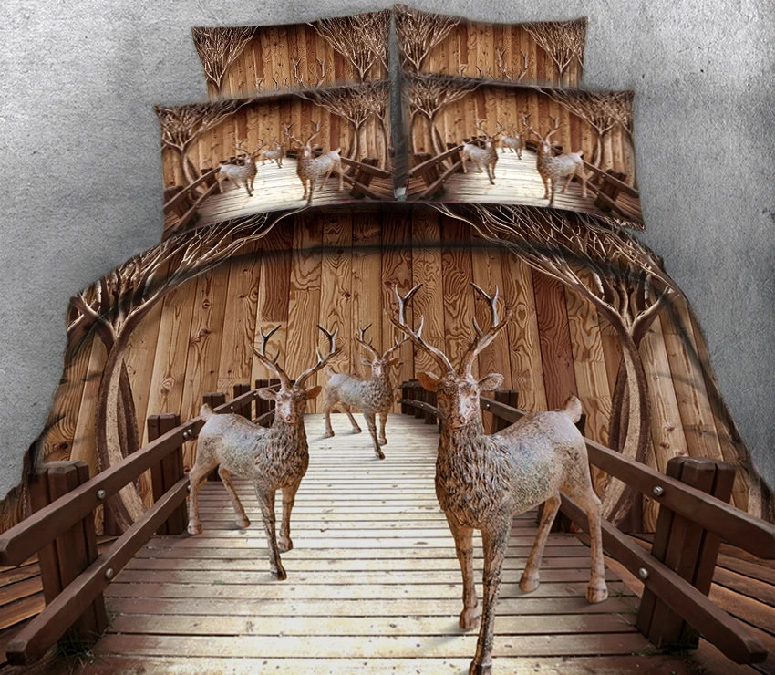 3d комплект постельного белья, cal king, двойная кровать, простыня, пододеяльник, двойной комплект постельного белья, наволочка, California King, дерево, принт с оленем