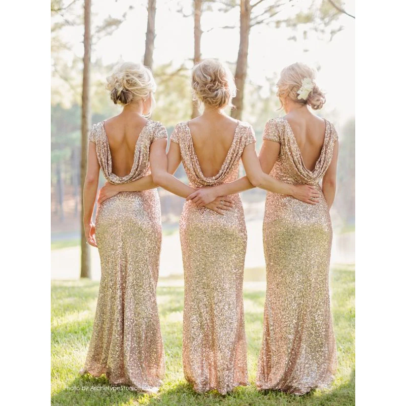 Женское длинное платье с блестками цвета шампанского до пола коротким рукавом