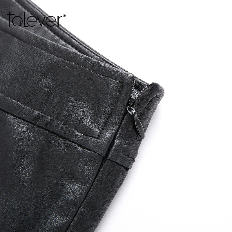 Talever Women's Black Spring Slim Hip Skirt Fashion PU Leather Ruffles Solid Bottom Sexy Office Lady Sheath Pencil | Женская одежда