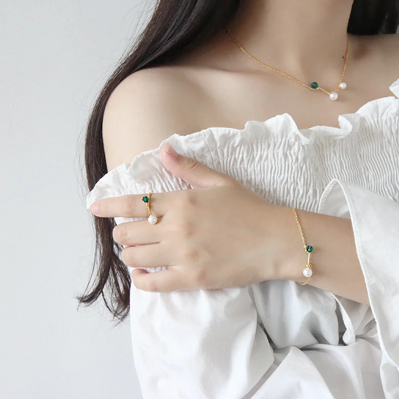 INALIS New Vintage Fine Jewelry S925 Sterling Silver Green CZ Crystal Sea Shell Pearl Stud Earrings Necklace Ring Bracelet Sets |