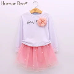 Humor Bear/ г. Новые летние модные стильные комплекты одежды для девочек Дизайнерская футболка с вышивкой+ джинсы, детская одежда комплекты детской одежды